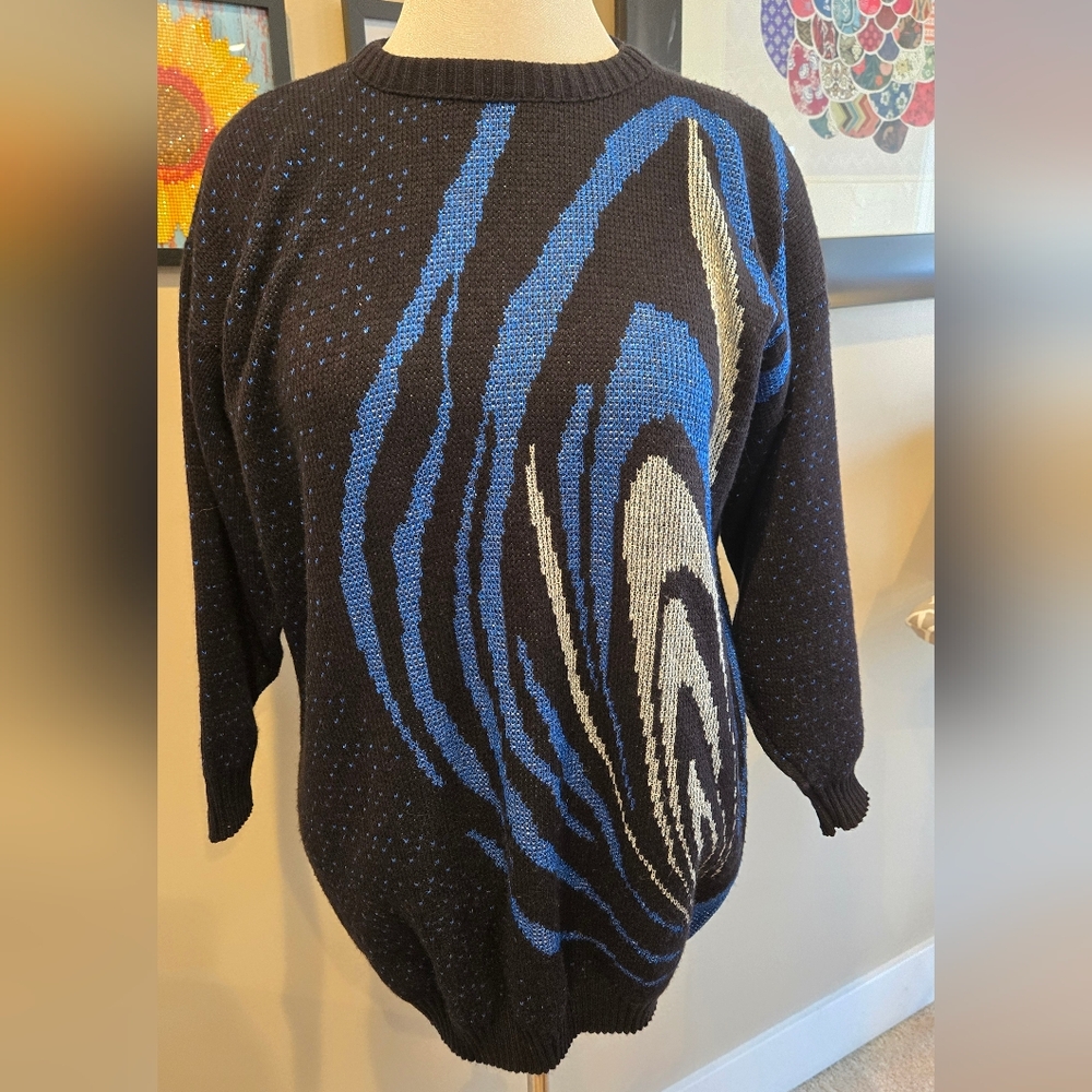 Black, Blue, Silver Shimmer Women's Vintage Tunic Sweater